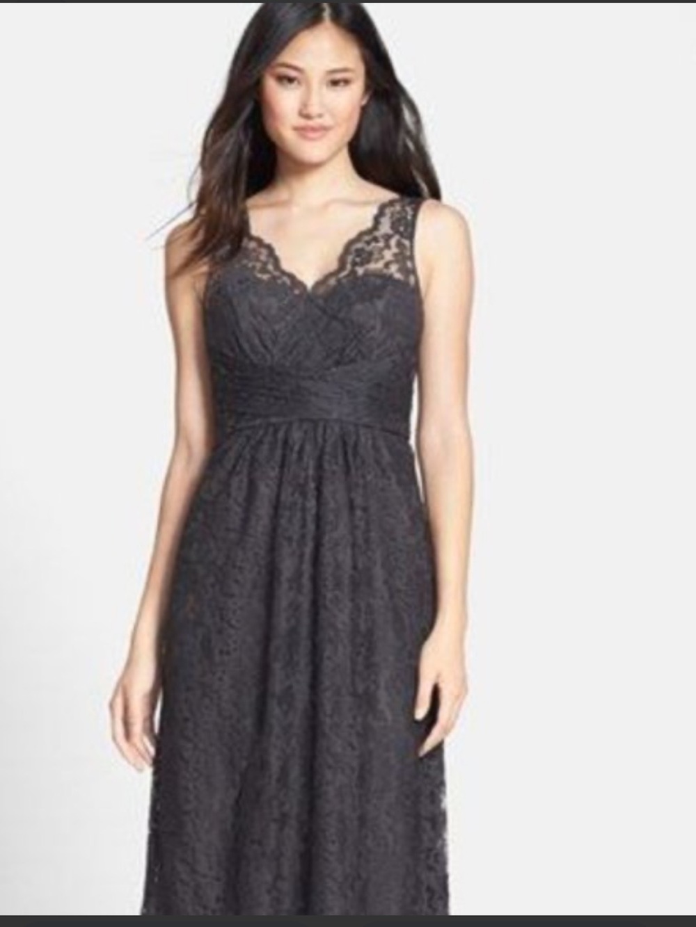 Amsale Brown Lace Midi Dress with V-Neck